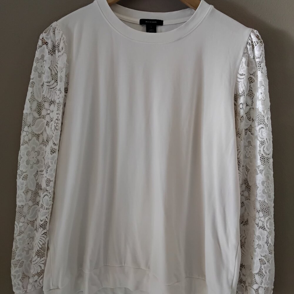 Halogen Brand, Cotton Blend Sweatshirt with Lace Sleeves, Size Large